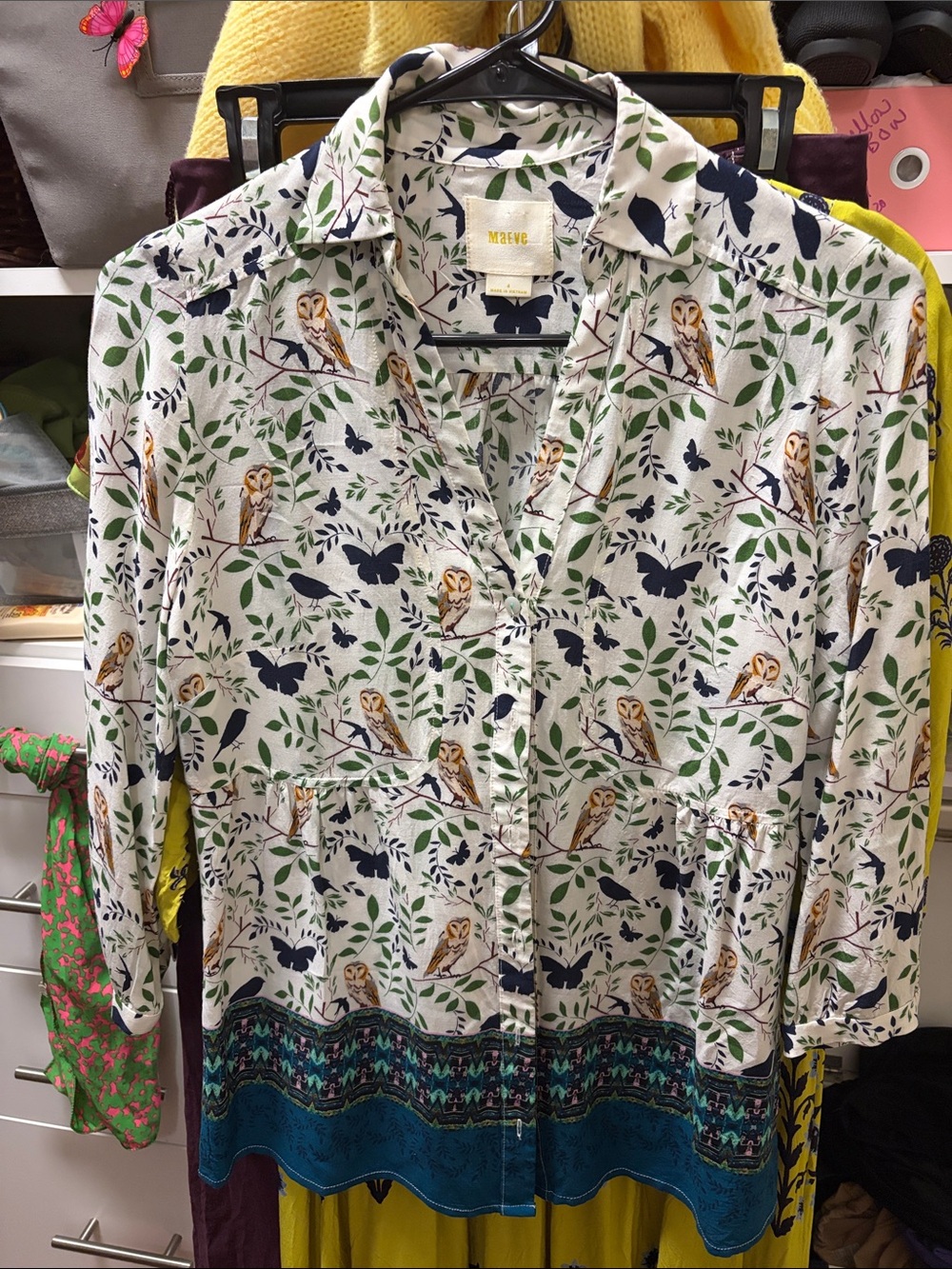 Maeve Cream Owl & Leaf Button-Front Tunic with Navy and Teal Accents